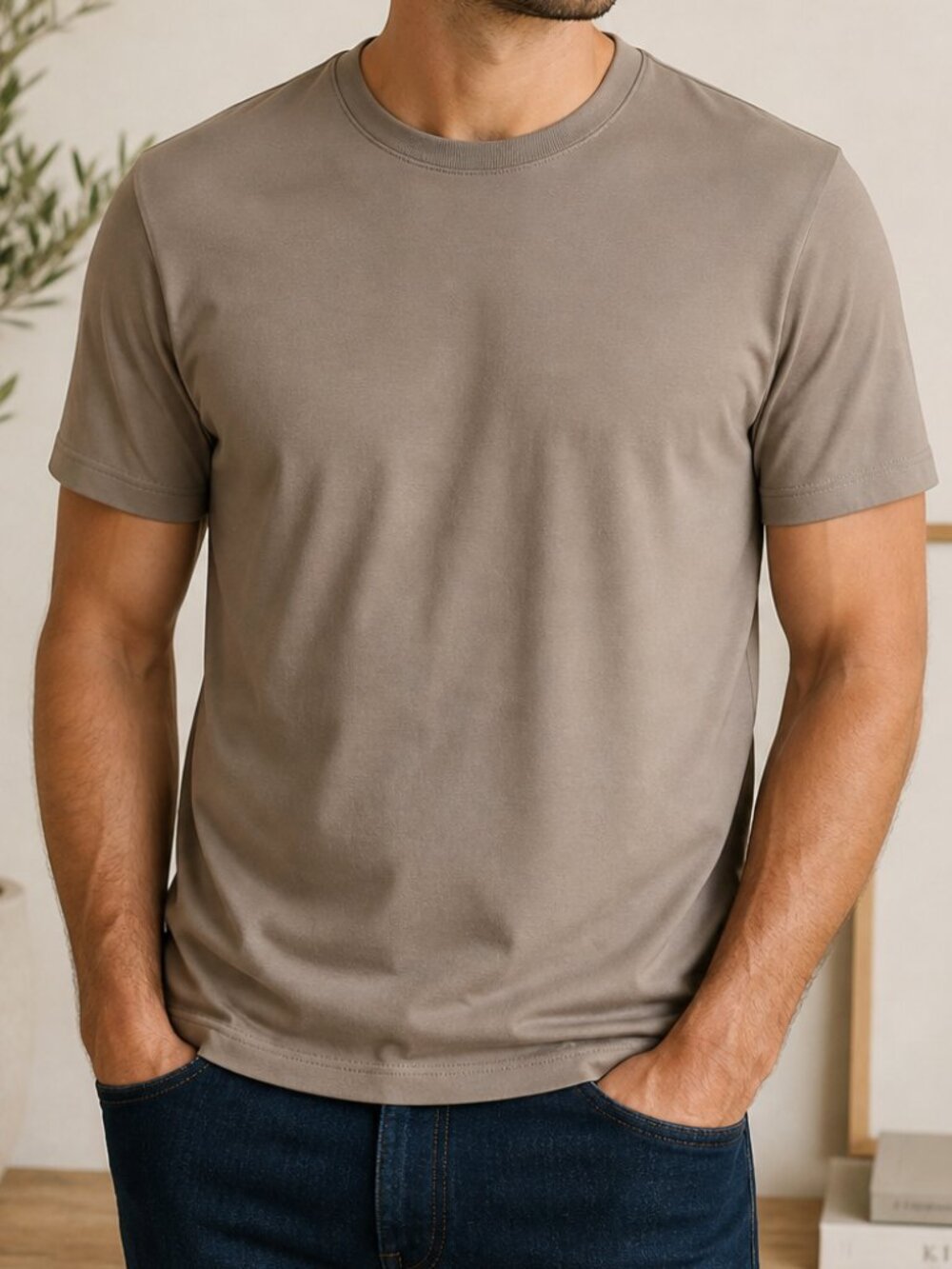 Robert Barakett Khaki Pima Cotton Crewneck Tee | Size Large